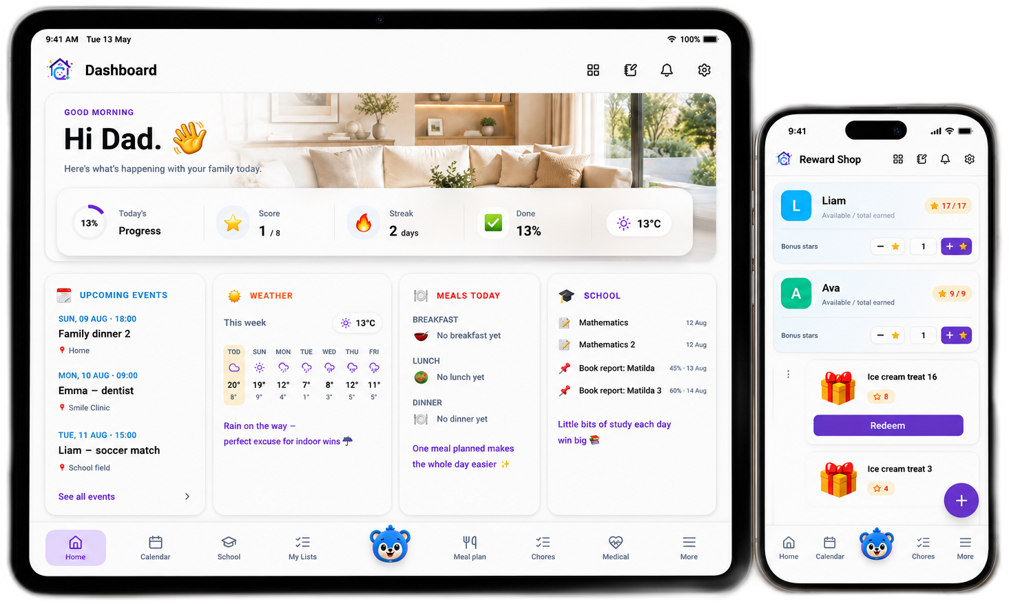 Chores & Co family dashboard on a tablet and phone